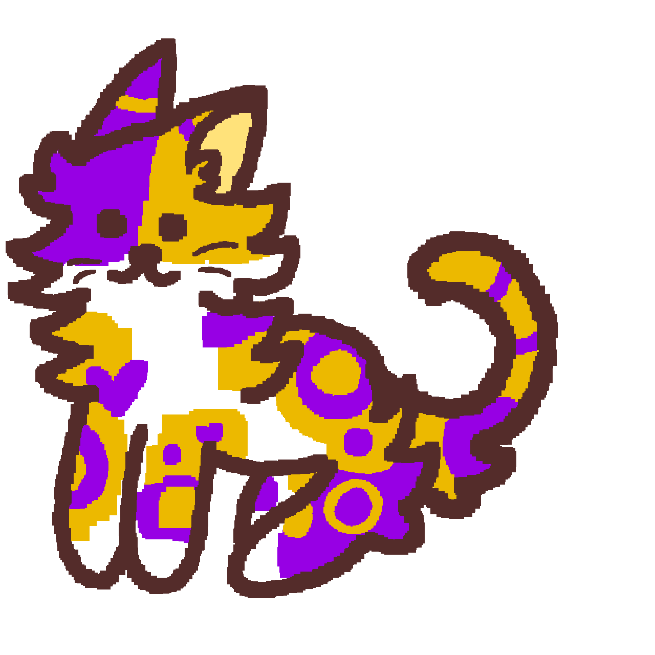 a calico cat; it has white fur along with purple and yellow spots. On some patches of yellow fur are purple rings, resembling the intersex flag.